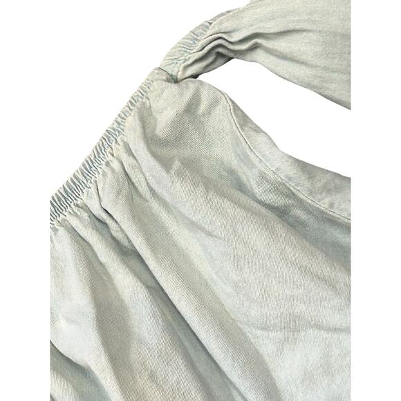 Fashion Nova 2XL Denim Fringe Off-the-Shoulder‎ Distressed Crop Top – Blue - Picture 3 of 10